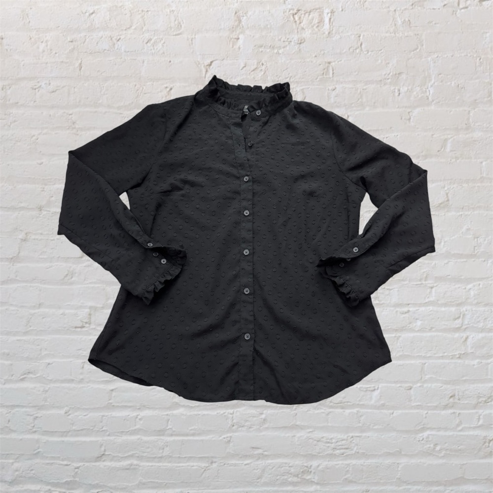 Like 🆕 Banana Republic clip dot black ruffle collar & sleeve button down blous